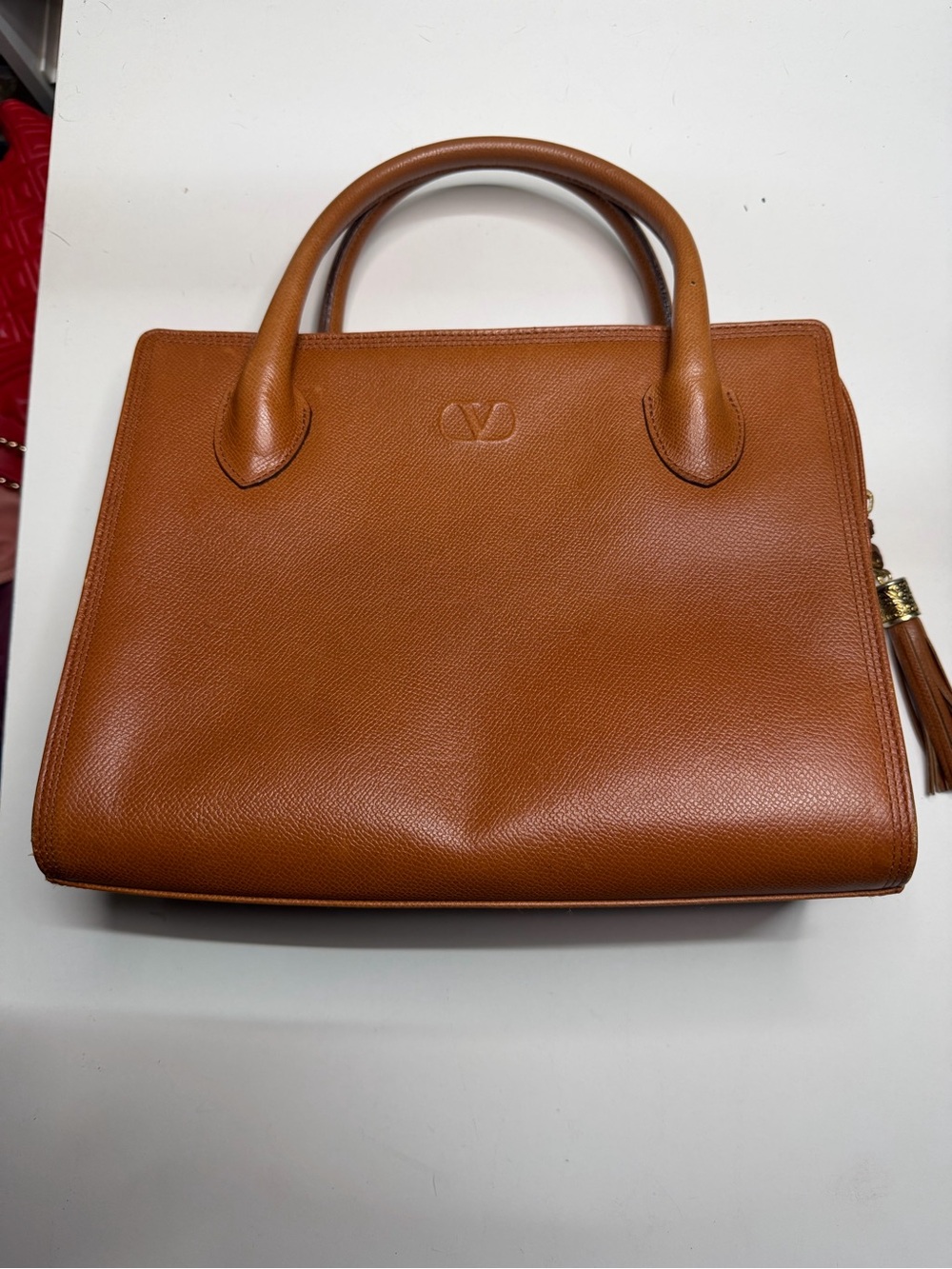 Valentino Garavani Structured Leather Satchel in Cognac